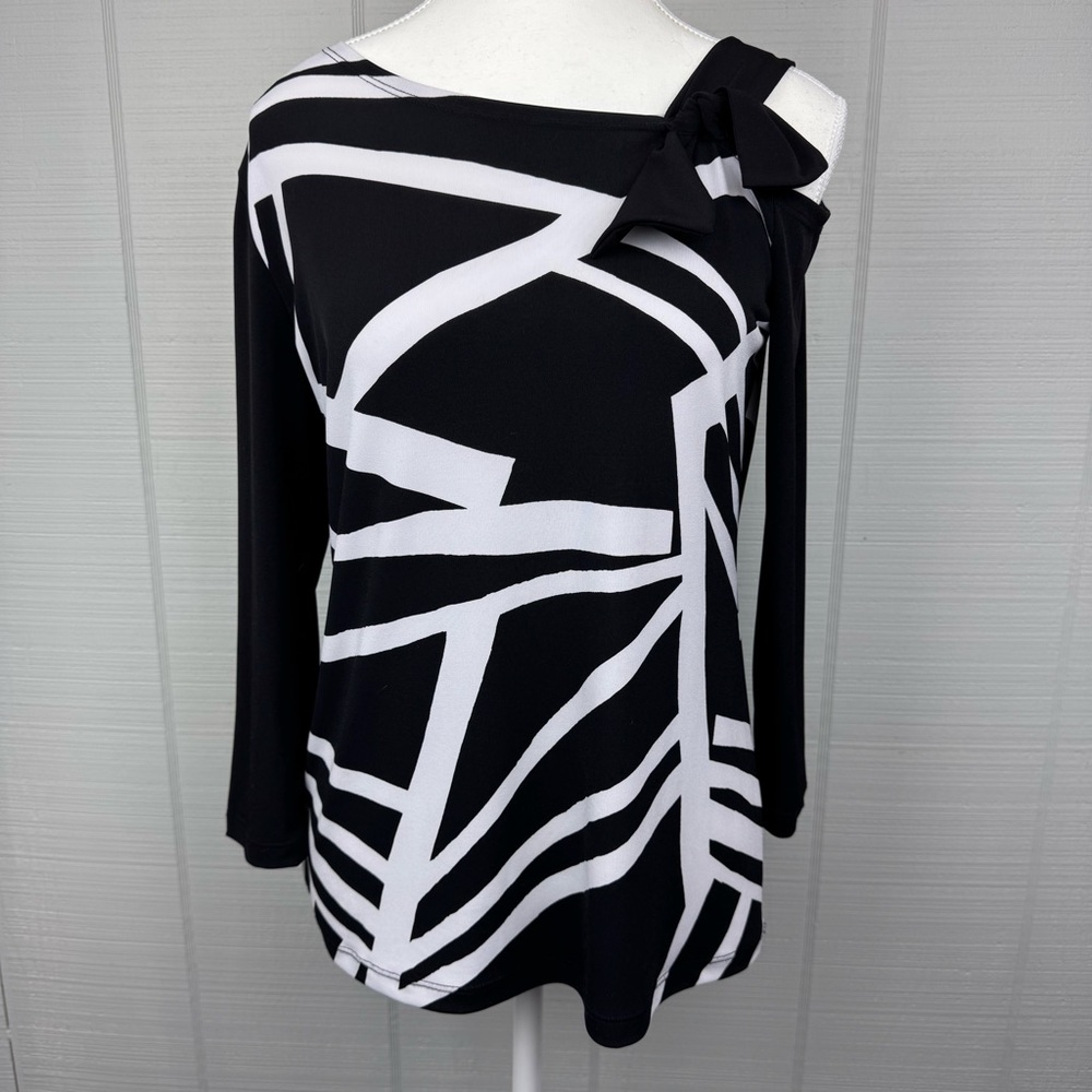 Clara Sun Woo Black White Geometric Print Top Asymmetrical One Cold Shoulder XS